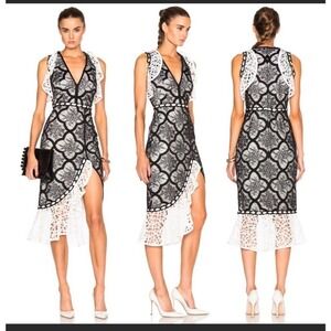 Alexis Emily Black & White Lace Ruffles Side Slit Cocktail Midi Dress Size: S